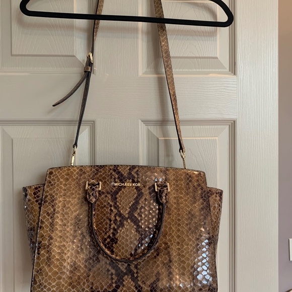 Michael Kors Brown/Camel Snakeprint Leather Satchel/Shoulder Handbag - Picture 1 of 7